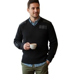 NWT Scharf & Breit Men's 2X 100% Wool Type 1 V-Neck Pullover Black Made In USA